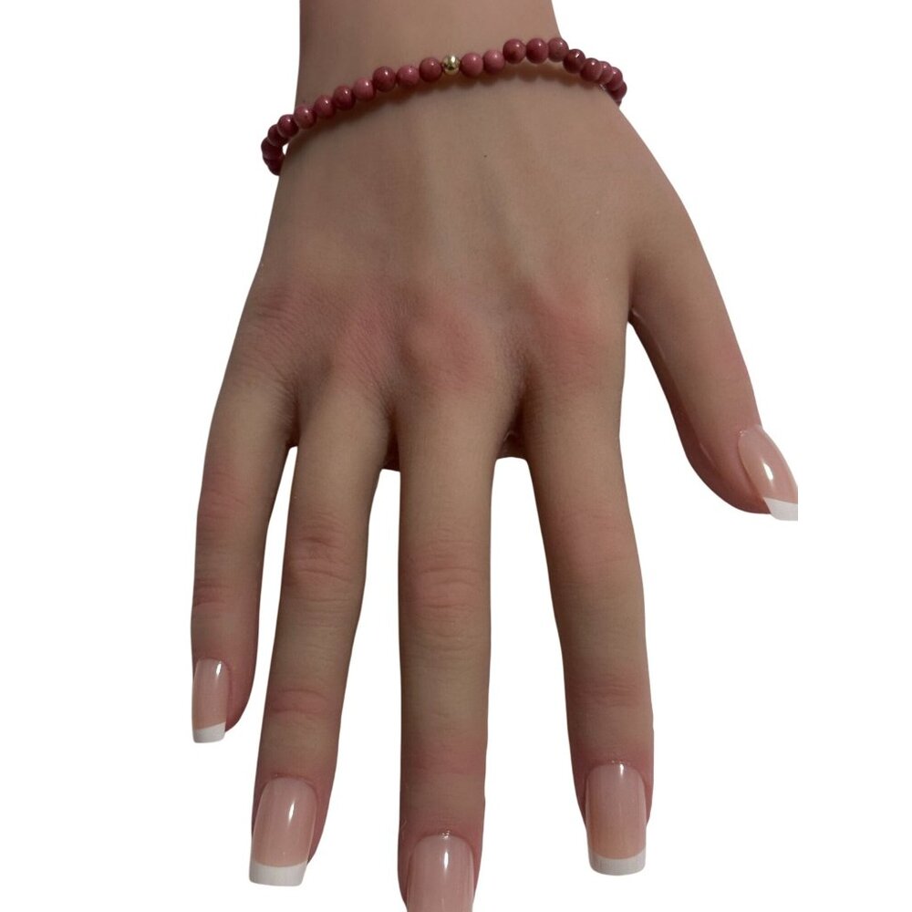 Rhodonite Gemstone Beaded Stretch Bracelet 14K Gold Accent Bead Handmade - Picture 7 of 8